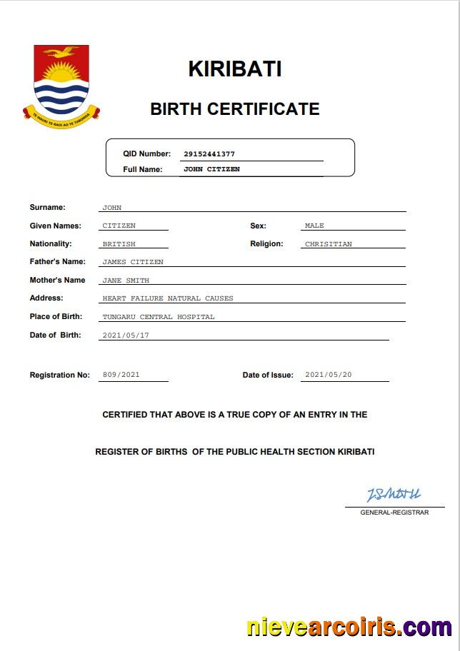Kiribati birth certificate